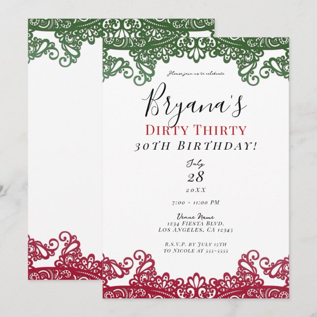 Grön & röd spetsig elegant fiesta 30-årsdag  inbjudningar (Fram/baksida)