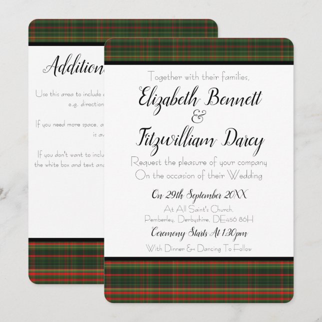 Grön & röd tartan-/plädbröllopinbjudan för mörk - inbjudningar (Fram/baksida)