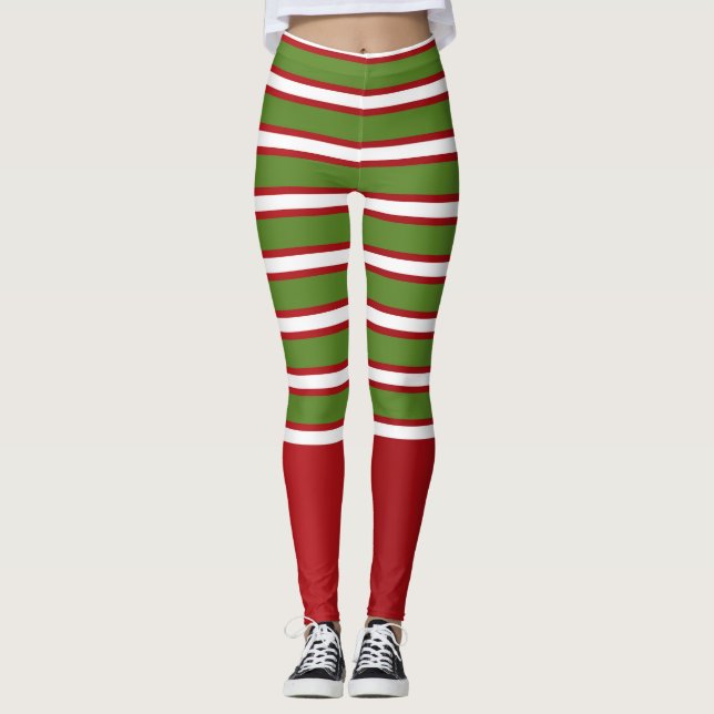 Grön Röd & Vit Lager Randig Högtid Festlig Leggings (Framsida)