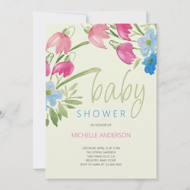 Grön Rodnad Och Blå Blommig Vår Bebis Shower Inbjudningar (Framsida)