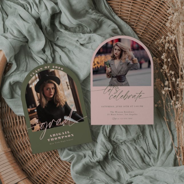 Grön & Rosa Båge Foto Script Examen Inbjudningar (Skapare uppladdad)