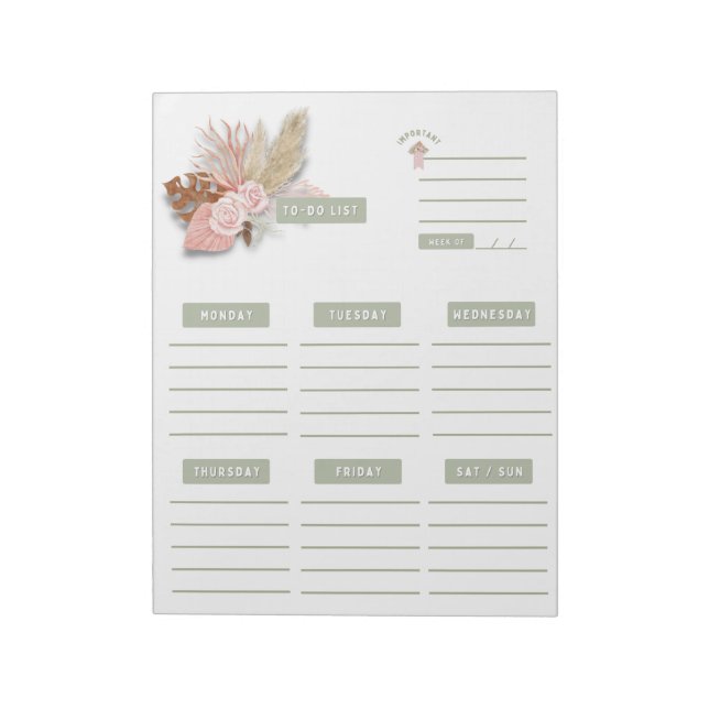 Grön Rosa Blommig Boho Veckoschema Kalender Anteckningsblock (Roterad)