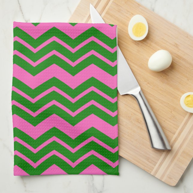 Grön Rosa Chevron Sicksack Design  Kökshandduk (Vikt i Fjärdedel)