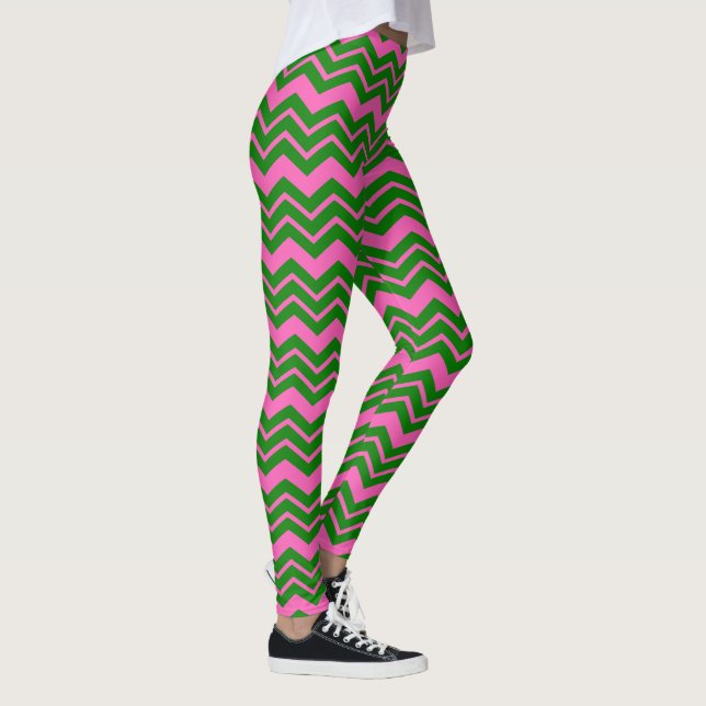 Grön Rosa Chevron Sicksack Design  Leggings (Höger)