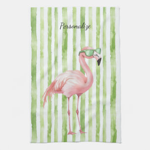 Grön Rosa Flamingo Kökshandduk