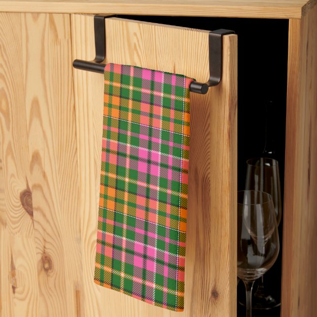 Grön Rosa Orange Plaid Rutig Design  Kökshandduk (Thirds Fold)
