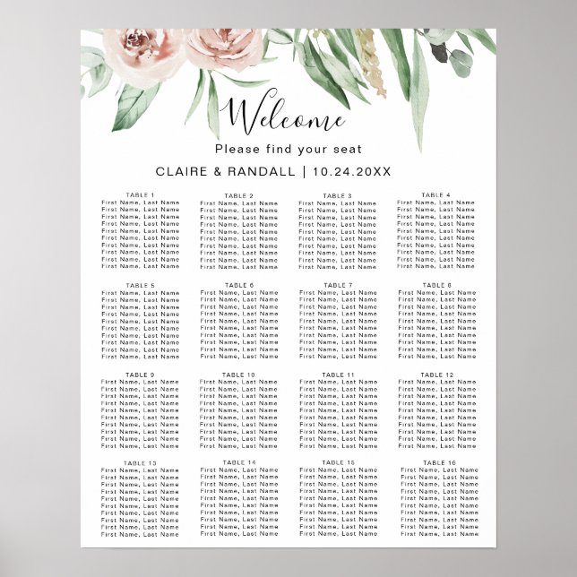 Grön Rosa Rodnad Blommig Bröllopsställningsschema Poster (Framsidan)
