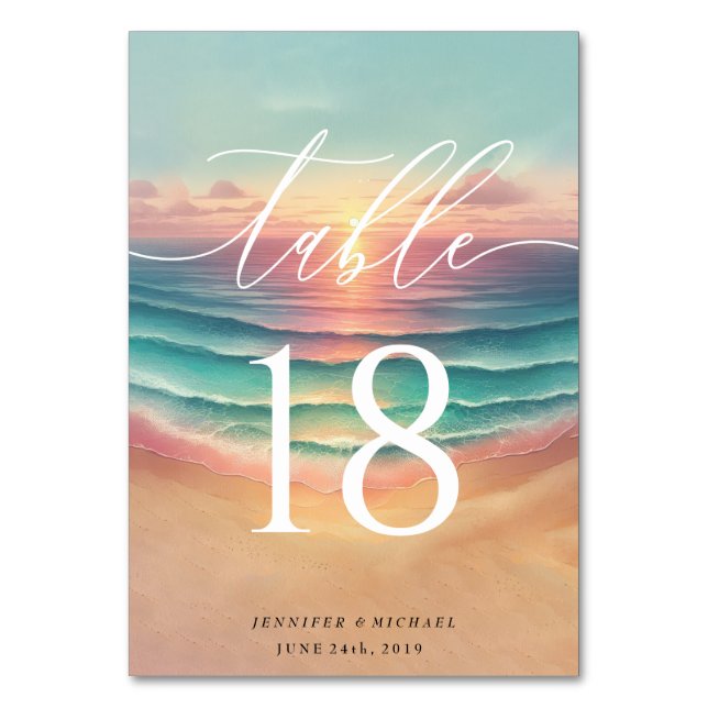 Grön Rosa Strand Sommar Sol Sand Akvarell Bordsnummer (Framsidan)