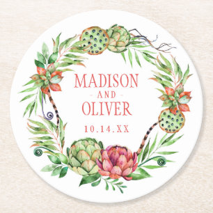 Grön & rosa suckulent som för vintageblommigt underlägg papper rund