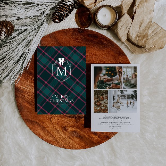 Grön & Rosa Tartan | Kokett Båge Monogram Foto Julkort (Skapare uppladdad)
