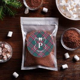 Grön & Rosa Tartan | Skräddarsydd Monogram Julfira Runt Klistermärke