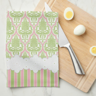 Grön & rosa Tea för shabby chicdamast Kökshandduk