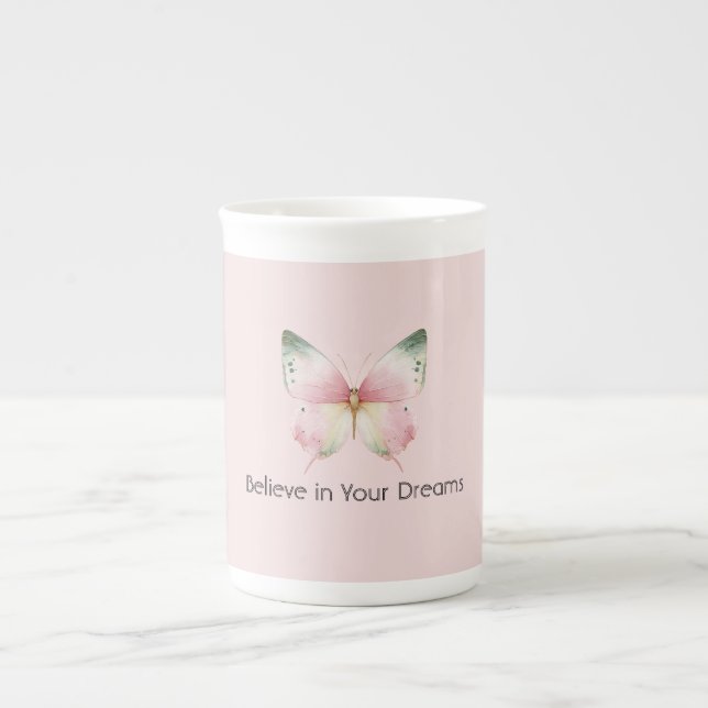 Grön Rosa Vit Mynta Fjäril Benporslin Mugg (Framsidan)
