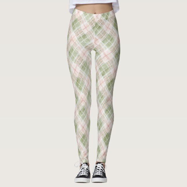 Grön Rosafärgad Rosa Rutiga Ränder Leggings (Framsida)