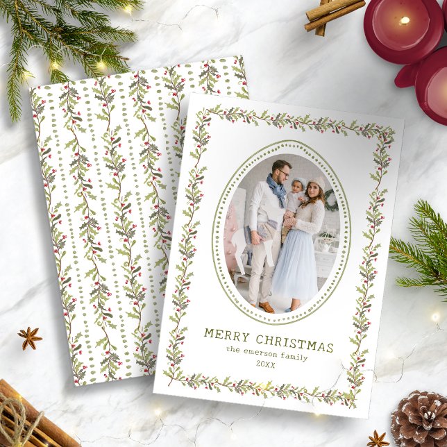 Grön Rustik Botanisk Julkort (Holiday Vintage Green Rustic Botanical Christmas Photo Card by Painted Paperie
)