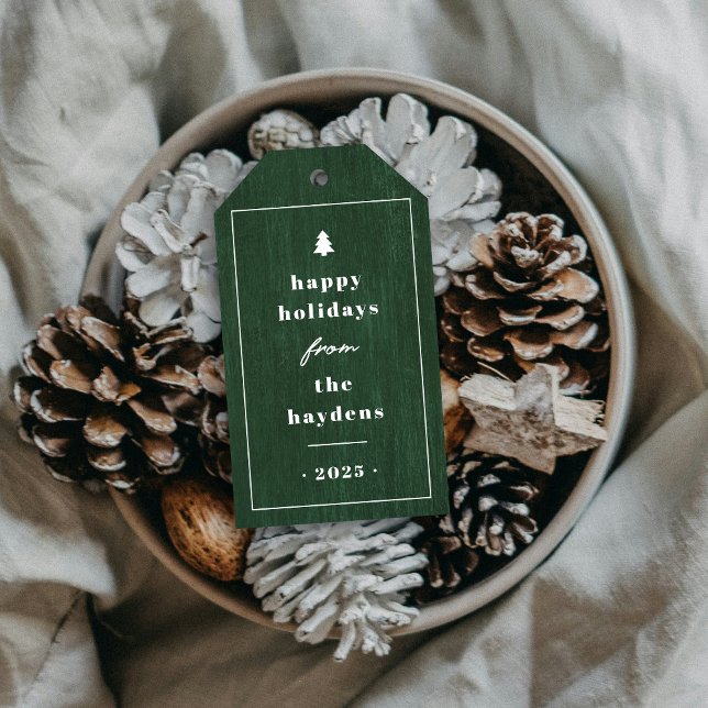 Grön Rustik Julpresentetikett med Trästruktur Presentetikett (Skapare uppladdad)