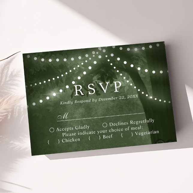 Grön rustik Tree Lights Wedding RSVP OSA Kort (Skapare uppladdad)