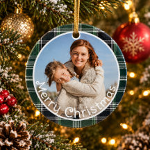 Grön Rutig Gingham Familjefoto God Jul