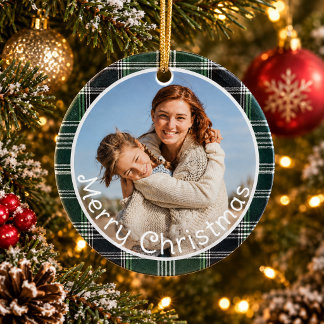 Grön Rutig Gingham Familjefoto God Jul Julgransprydnad Keramik