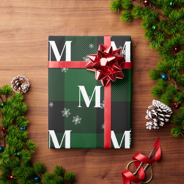 Grön rutig mönster & snöflingor Monogram initial v Presentpapper (Julgåva)