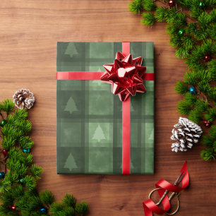 Grön Rutig Plaid Med Granar Jul Presentpapper