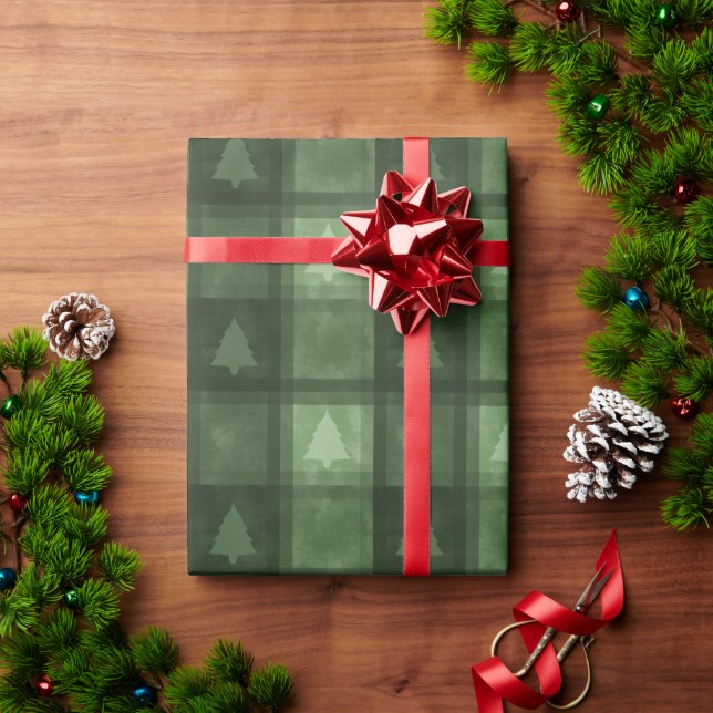 Grön Rutig Plaid Med Granar Jul Presentpapper (Julgåva)