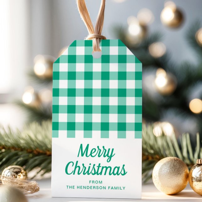 Grön rutig script jul presentetikett (Green Checked Gingham Script Christmas Gift Tags)