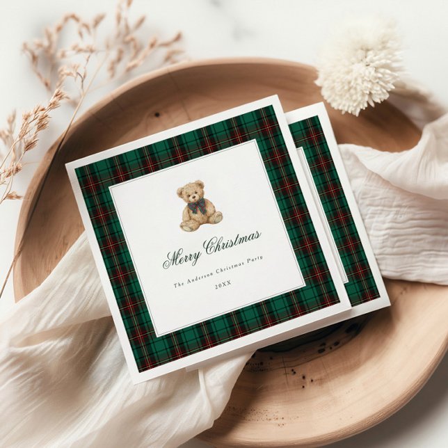 Grön Rutig Teddybjörn Julfest Pappersservett (Skapare uppladdad)