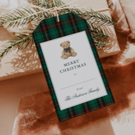 Grön Rutig Teddybjörn Julfest Presentetikett