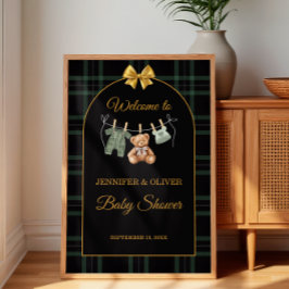 Grön Rutmönstrad Teddybjörn Välkommen till Baby Sh Poster