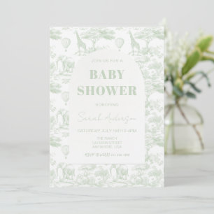 Grön Safari Toile De Jouy Djungeltema Baby Shower Inbjudningar