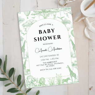 Grön Safari Toile De Jouy Pojk Babyshower  Inbjudningar