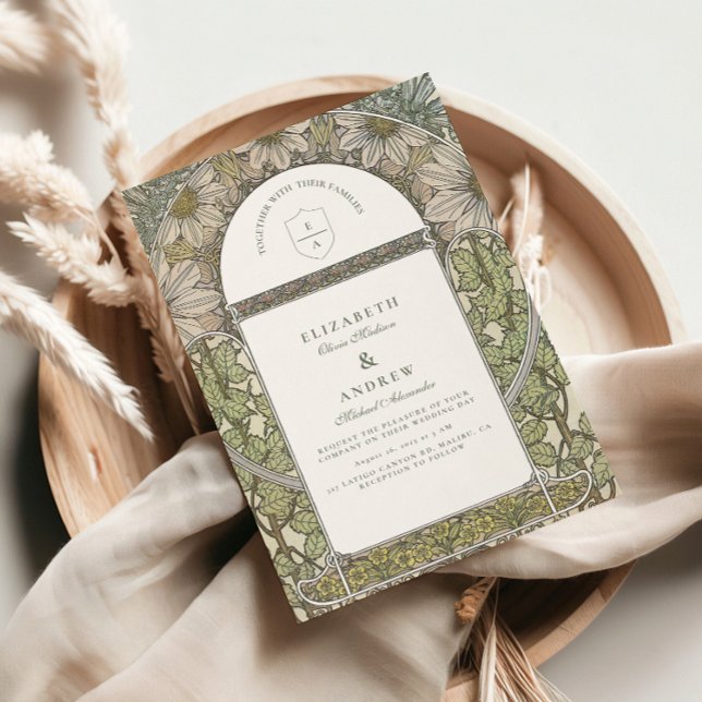 Grön Salvia Art Nouveau bröllop Inbjudningar (Skapare uppladdad)