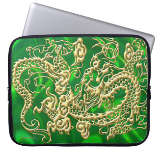 Grön Satin Lush Laptopfodral med Guld Drak Laptop Sleeve