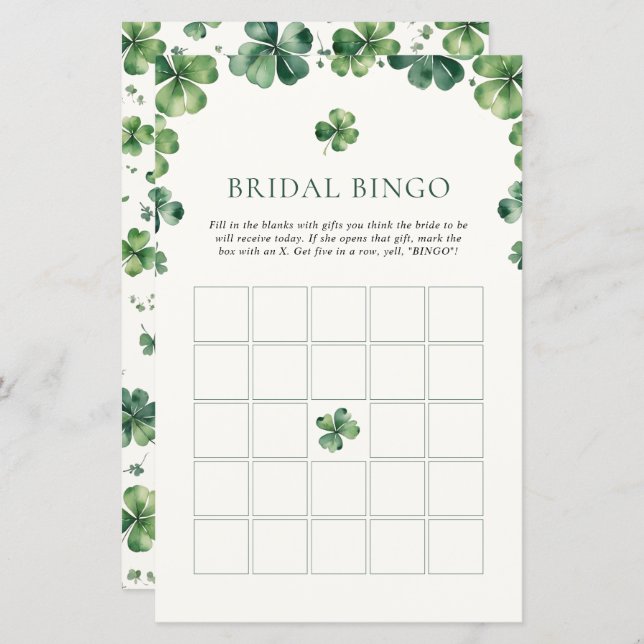 Grön Shamrock Bröllopsdusch Bröllopsbingo  (Fram/baksida)