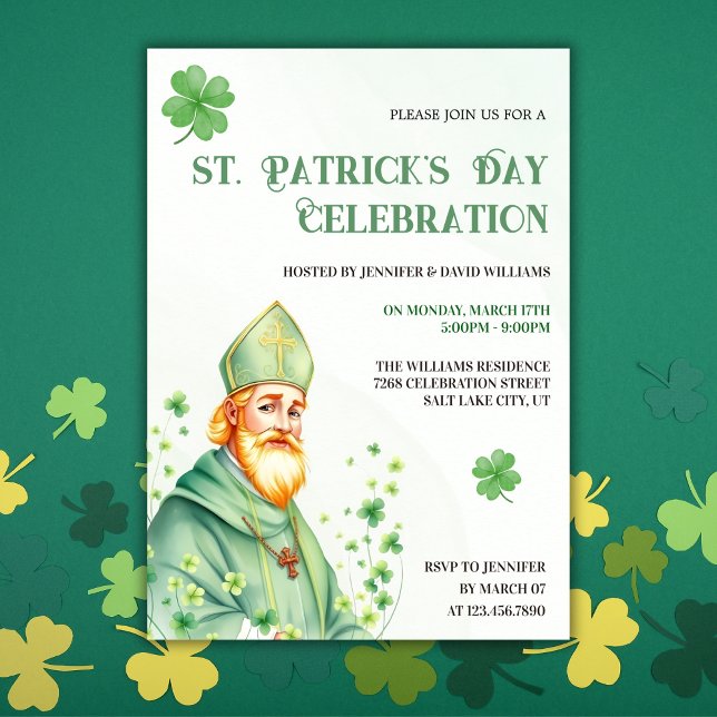 Grön Shamrock & Saint Religiös St Patricks Day Inbjudningar (Religious St. Patrick's Day Celebration Invitation – Shamrock & Saint Theme)