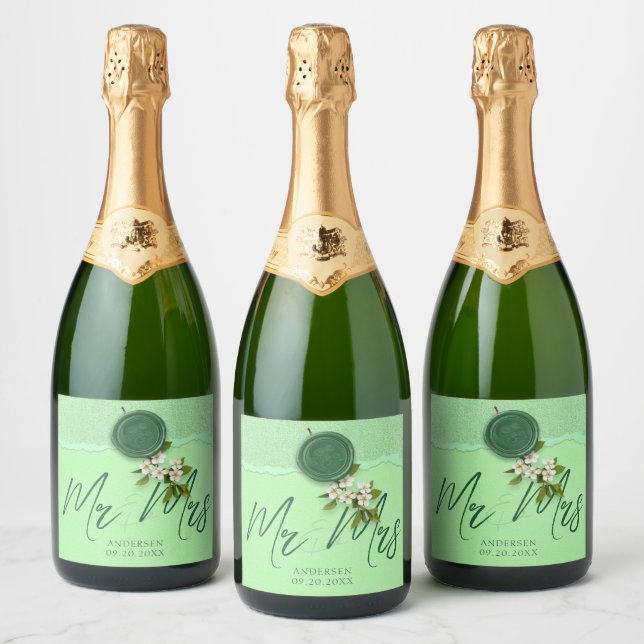 Grön sigill Bröllopsvinetikett Glänsande vin etike (Flaskor)