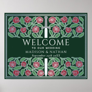 Grön Silver Blommig Royal Bröllops Välkomstskylt Poster