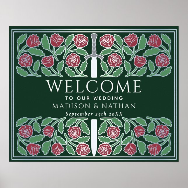 Grön Silver Blommig Royal Bröllops Välkomstskylt Poster (Framsidan)