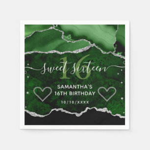 Grön & Silver Fals Glitter Agat Marmor Sweet 16 Pappersservett