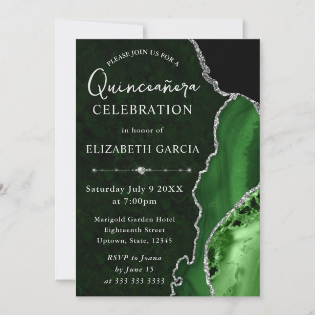 Grön & Silver Glitter Agate Quinceanera Inbjudningar (Framsida)