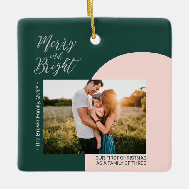Grön & Silver Modern Jul Familjefoto Julgransprydnad Keramik (Framsida)