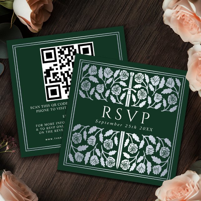 Grön Silver Svärd Royal Bröllop RSVP QR Kod Tilläggskort (Skapare uppladdad)