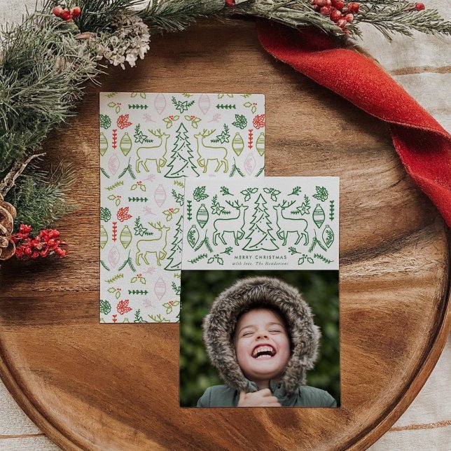 Grön Skandinavisk Mönster Foto Julkort (Green Scandinavian Pattern Christmas Photo Holiday Card)
