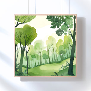 Grön skog Luftigt akvarell-landskap Poster