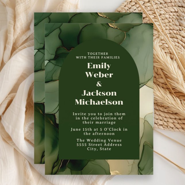 Grön Smaragd Oliv Guld Blommig Båge Bröllop  Inbjudningar (Emerald and olive green wedding invitation)