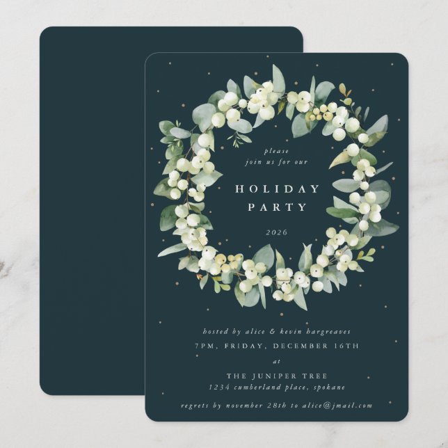 Grön Snöbär + Eukalyptus Krans Julfest Inbjudningar (Fram/baksida)