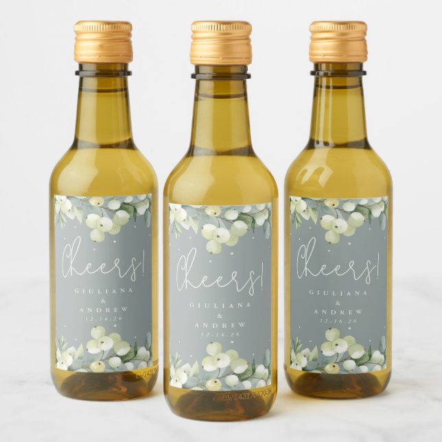Grön snöbär + Eukalyptus Vinter Hochzeit Mini Vinetikett (Flaskor)