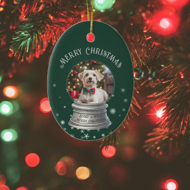 Grön Snöglob Snöflinga Foto Julgransprydnad Keramik (Green photo snow globe christmas ornament with snowflakes)