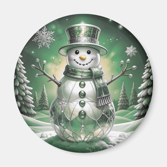 Grön snömannen snöflingor semester magnet (Framsidan)